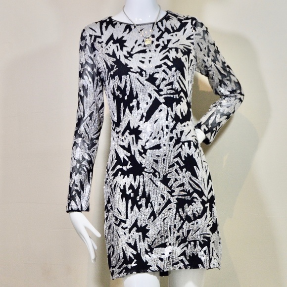 🆕🏷️  Aqua Black & Silver Sequin Long Sleeve Mini Dress – Bloomingdale’s - Picture 10 of 16